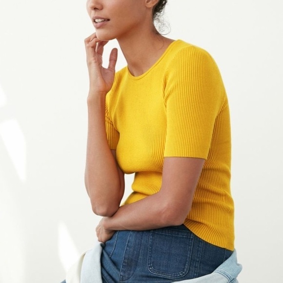 NWT Anthro Maeve Josefa Short Sleeve Ribbed Sweater Tee In Gold - Picture 1 of 9